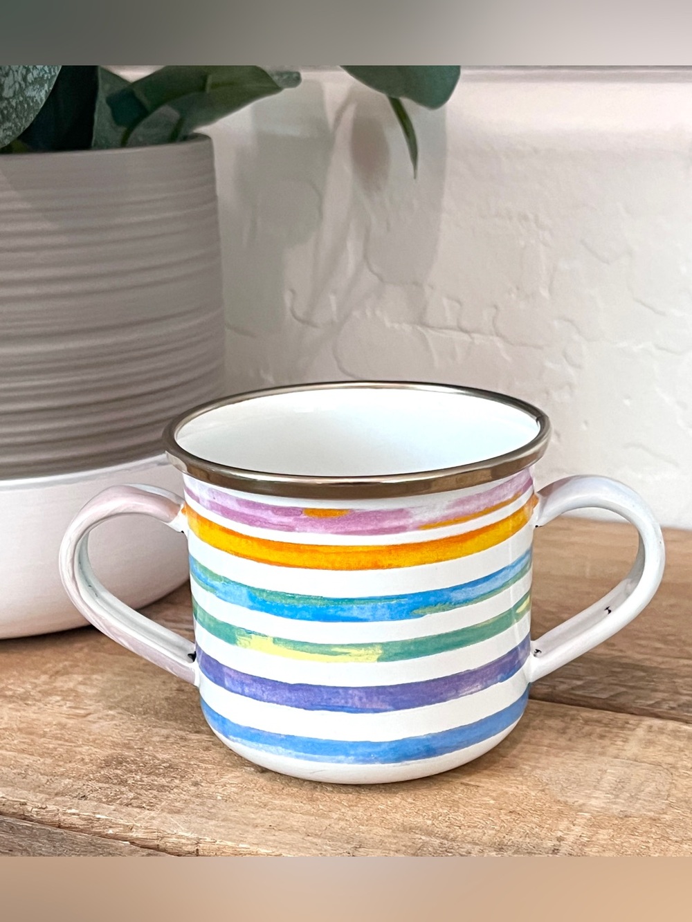 MacKenzie-Childs Vintage Rainbow Stripe Enamelware Double Handle Cup